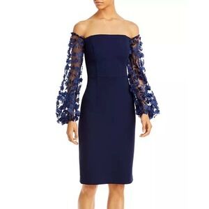 Eliza J Navy Off Shoulder 3D Floral Mesh Sleeve Cocktail Dress Mother Of Sz 8
